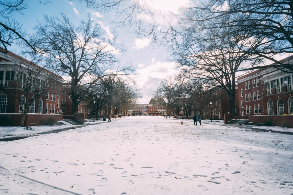 Campus quad in the snow.