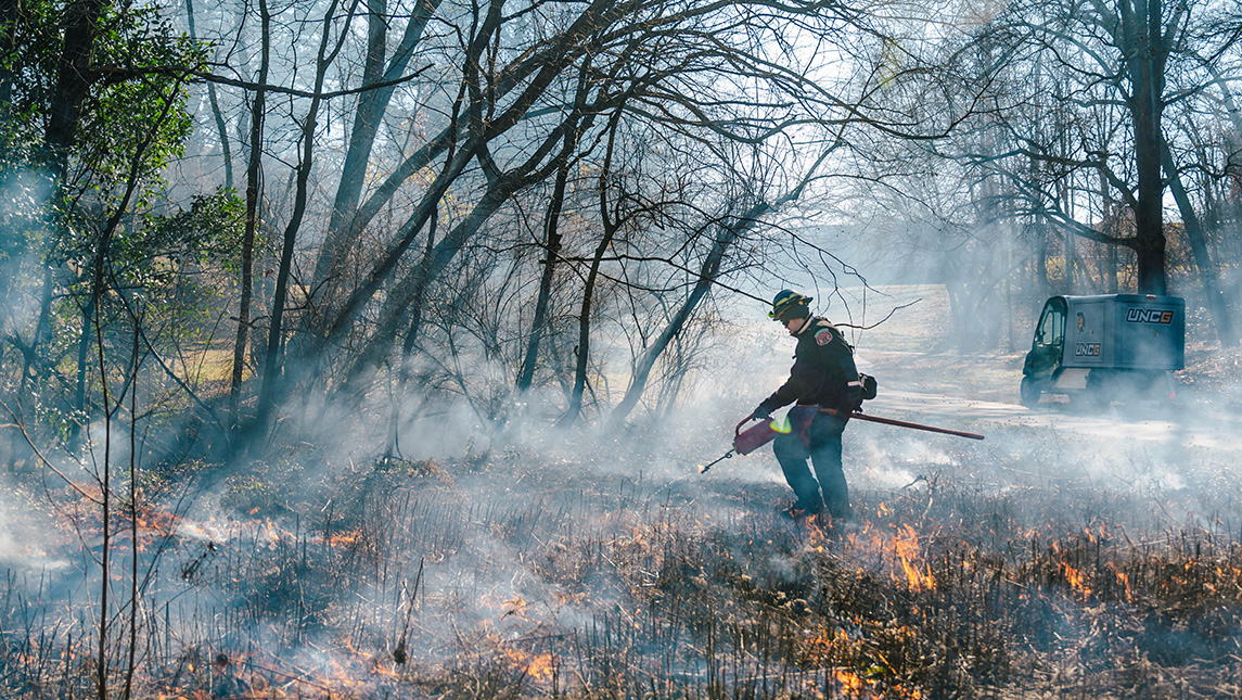 A worker with a torch walks through a controlled burn at UNCG.